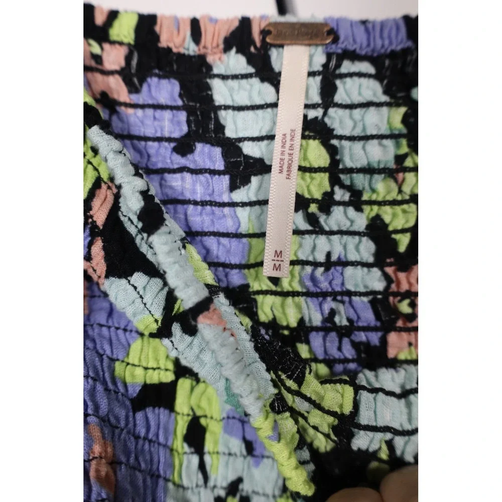 Free People Womens Floral Smocked Puff Sleeve Square Neck Blouse Black Multi‎ M